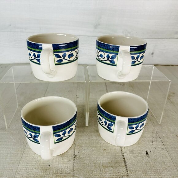 Pfaltzgraff ORLEANS Blue Green Vines Yellow Stoneware Flat 8oz Cups Mugs Set 4 - Picture 6 of 16